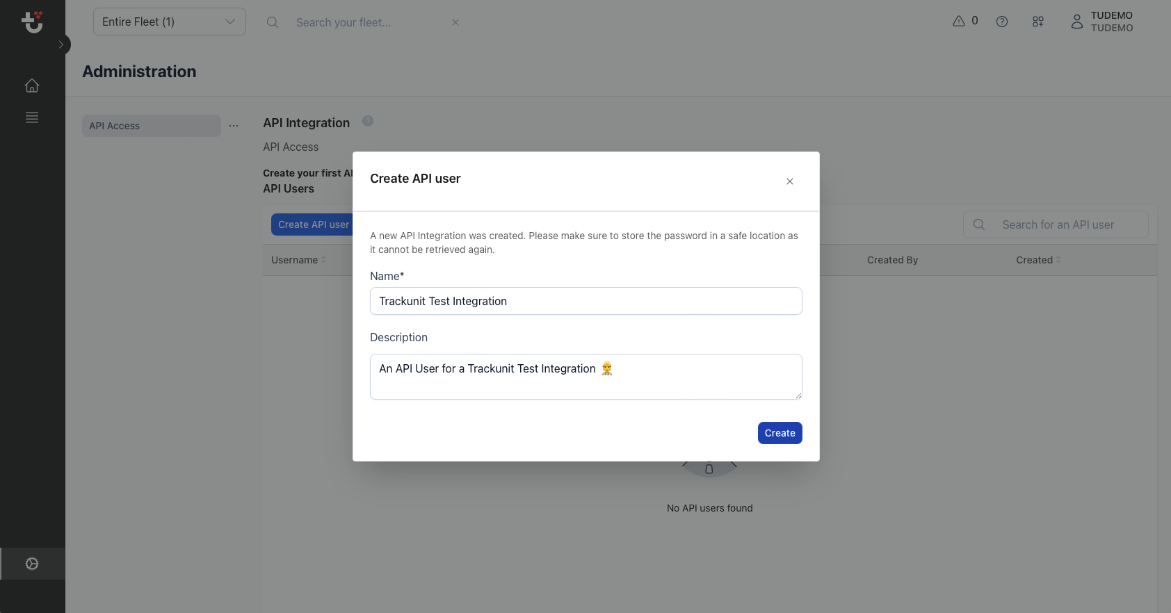 Screenshot of dialog with name and description for API User