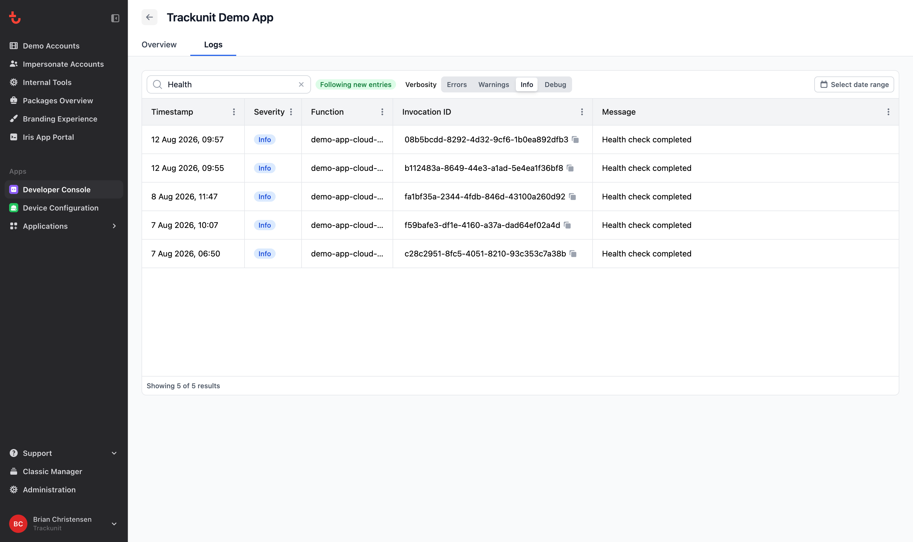 Logs filters: search, verbosity, and date range