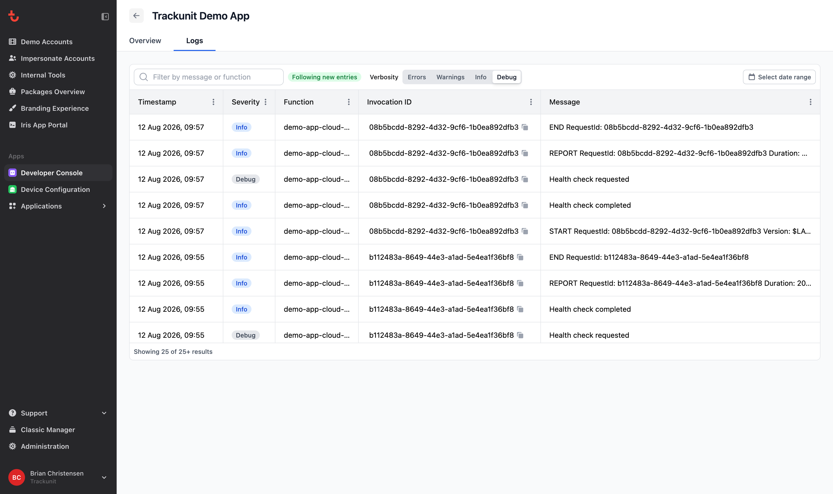 Developer Console Logs tab overview