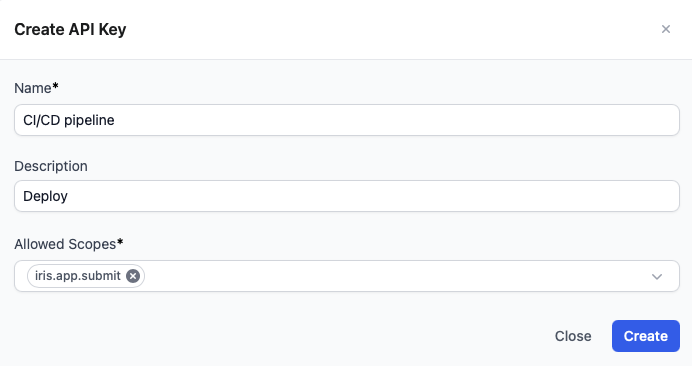 API key for CI/CD app submission Create an API key with the iris.app.submit scope