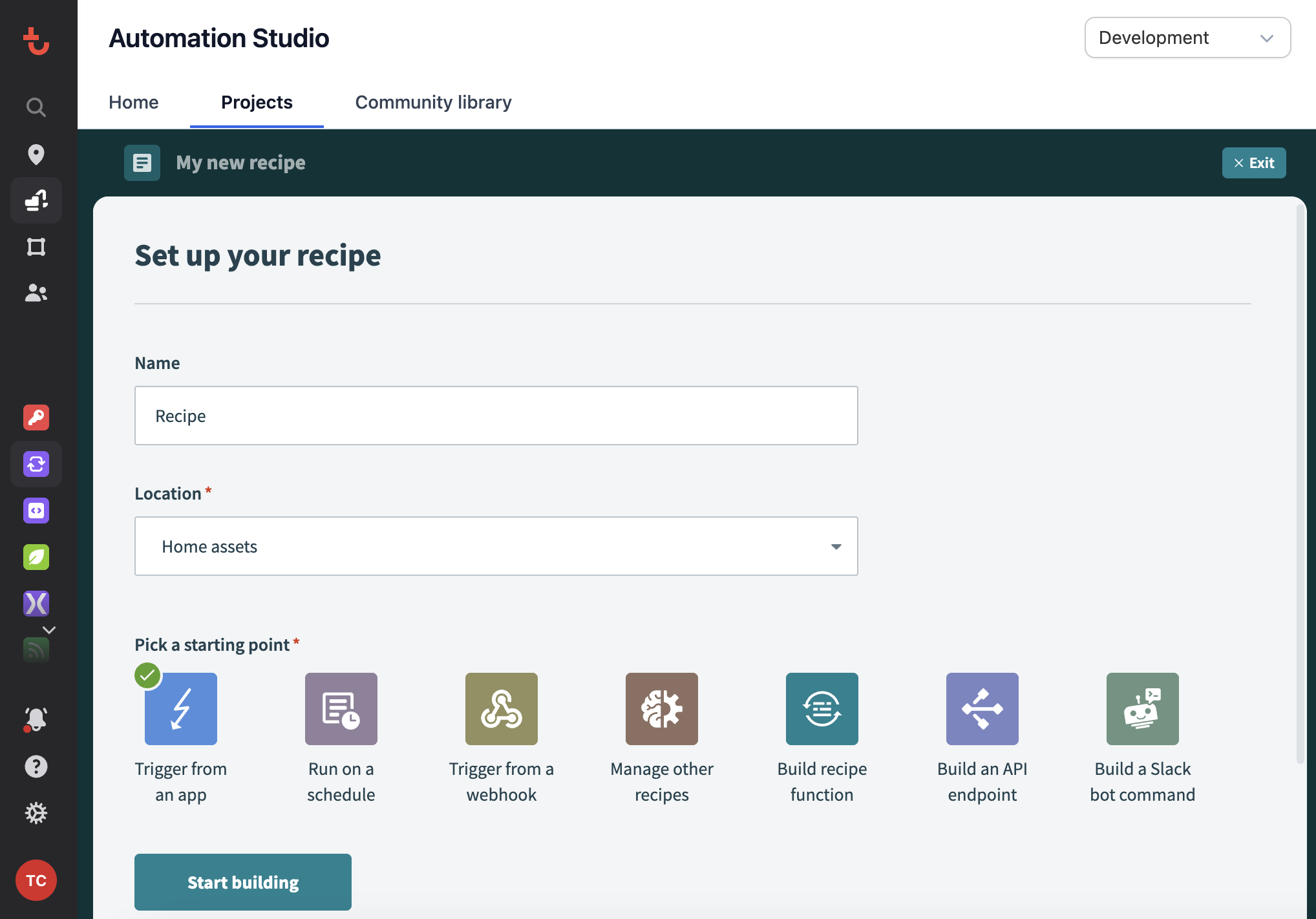 Set up new recipe in Automation Studio